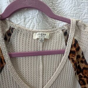 Umgee Cream Waffle Knit Top with Leopard Print Raglan